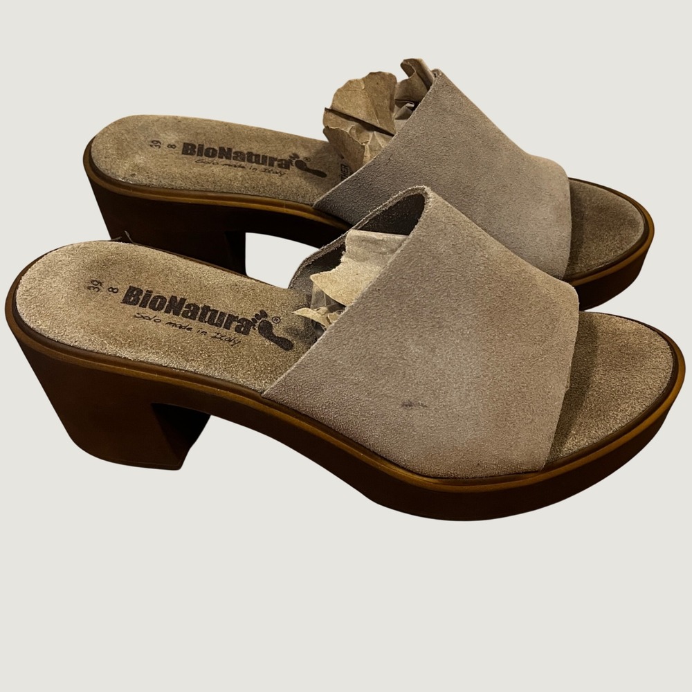 BioNatura Italy Womens Taupe Suede Platform Block Heel Slide Sandals 39/8